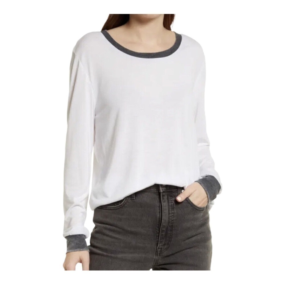 𝅺TREASURE & BOND Long Sleeve Ringer T-shirt White Grey Charcoal accents
